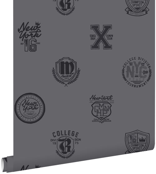 ESTAhome behang school emblemen donkergrijs - 53 cm x 10.05 m - 128806