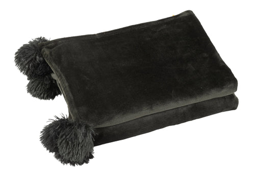 J-Line plaid Pompom - polyester - zwart - 170 x 130 cm