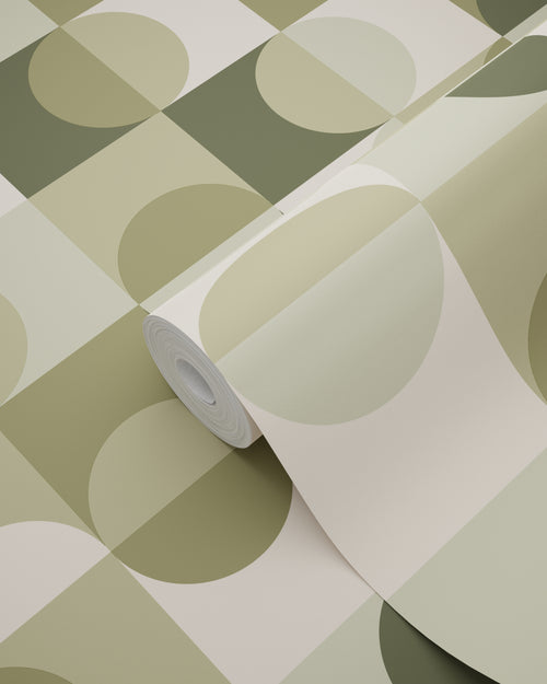 ESTAhome behang cirkels in Bauhaus stijl vergrijsd groen en beige - 50 x 900 cm - 130940