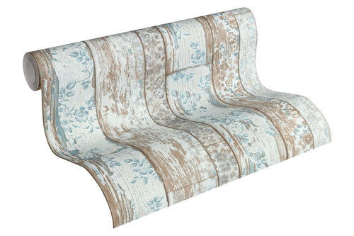 A.S. Création behang verweerde houten planken lichtblauw en beige - 53 cm x 10.05 m - AS-361191