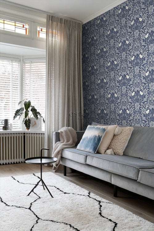 ESTAhome behang bloemen en vogels in art nouveau stijl donkerblauw - 50 x 900 cm - 139435