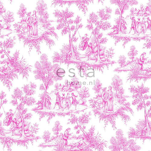 ESTAhome behang toile de jouy print roze - 53 cm x 10.05 m - 136819