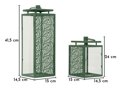 Set van 2 metalen lantaarns groen 15x14,5x41,5 - 15x14,5x24 cm