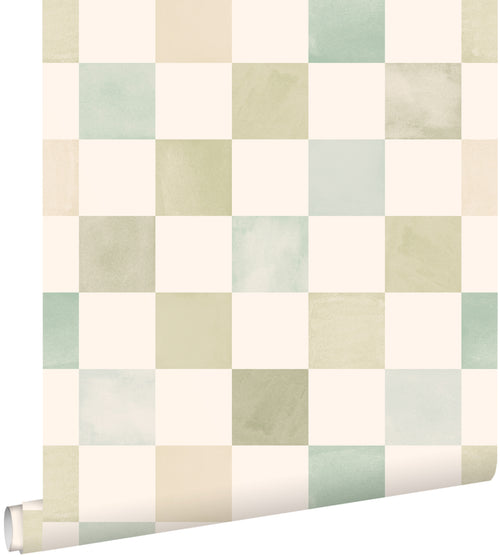 ESTAhome behang geblokt motief beige, blauw en groen - 50 x 900 cm - 131718