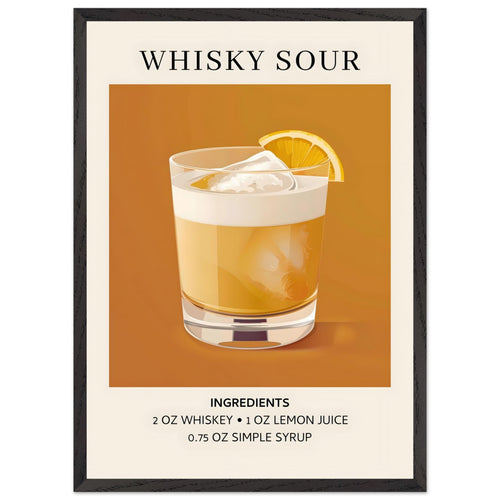 Artfulprints Poster met Lijst Whisky Sour cocktail - Ingrediënten   - 50x70 cm - Oranje