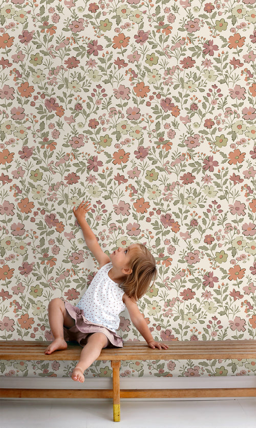 ESTAhome behang bloemetjes terracotta, groen en wit - 50 x 900 cm - 131324 - vtwonen shop