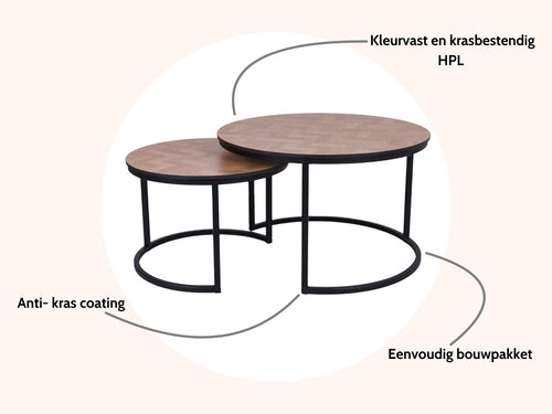 MaximaVida ronde salontafel set Copenhagen XL 75 en 58 cm - HPL fishbone look