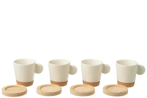 J-Line koffietas Met Oor + Bamboubasis - keramiek - wit/naturel - doos van 4