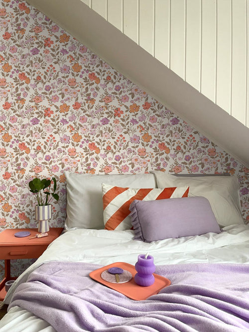 ESTAhome behang bloemetjes paars en oranje - 53 cm x 10.05 m - 131327