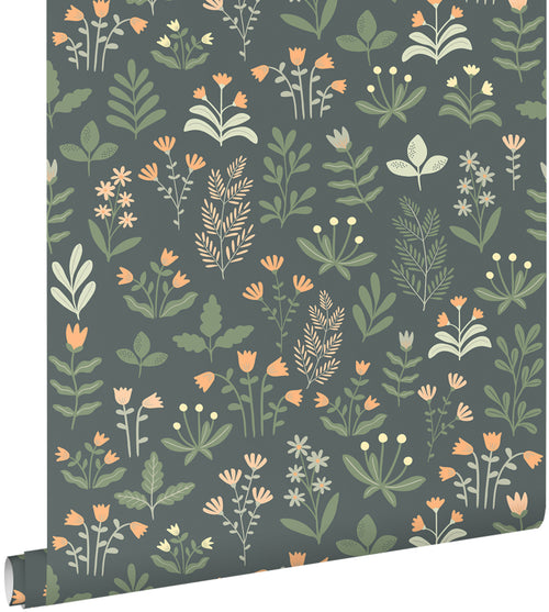ESTAhome behang veldbloemen vergrijsd groen en oranje - 50 x 900 cm - 131098 - vtwonen shop