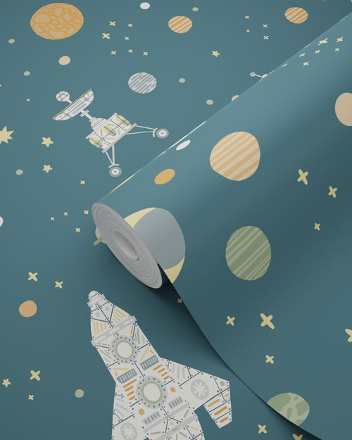 ESTAhome behang planeten in de ruimte blauw, groen en bruin - 50 x 900 cm - 132070