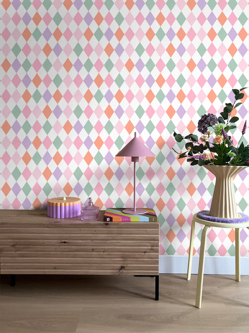 ESTAhome behang ruitjes lila paars, oranje en roze - 50 x 900 cm - 131765