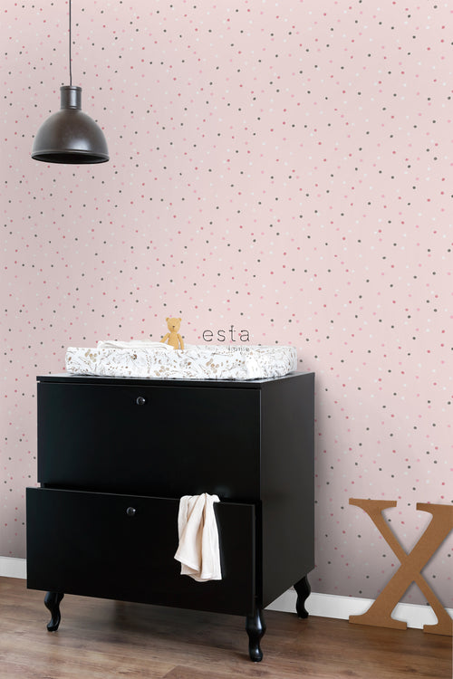 ESTAhome behang stippen roze en warm grijs - 53 cm x 10.05 m - 139051