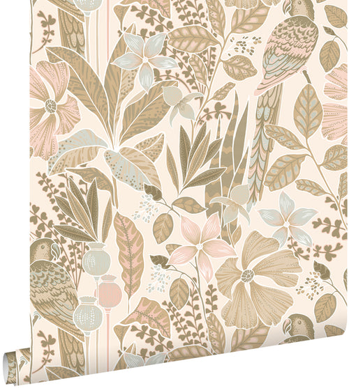 ESTAhome behang tropische bloemen en paradijsvogels zand beige - 50 x 900 cm - 131156 - vtwonen shop