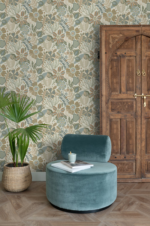 ESTAhome behang bloemmotief beige, blauw en groen - 53 cm x 10.05 m - 139676