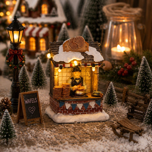 Luville Kerstdorp Stroopwafelkraam - Kerstversiering met Warm Witte Verlichting voor Binnen - Kerst Decoratie met Bakker en Stroopwafels - L7 x B6 x