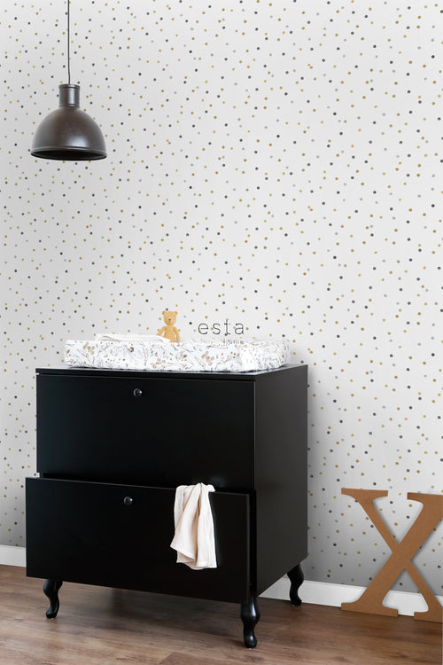 ESTAhome behang stippen goud, lichtgrijs en donkergrijs - 53 cm x 10.05 m - 139050