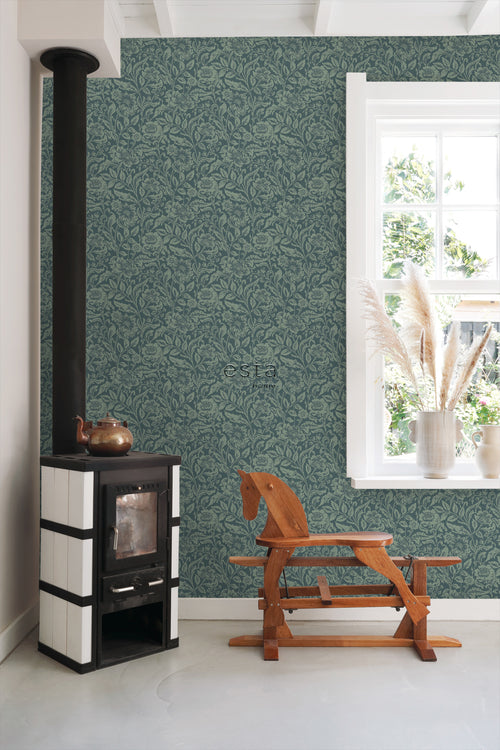 ESTAhome behang vintage bloemen donkerblauw en vergrijsd groen - 53 cm x 10.05 m - 139429
