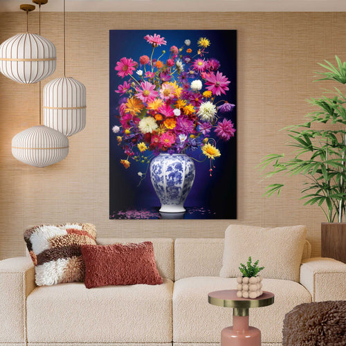 Reinders Delft Blue Vibrant Flowers glasschilderij -  meerkleurig/multi color - woonkamer - 116x78cm