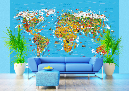 Sanders & Sanders fotobehang wereldkaart voor kinderen blauw, geel en wit - 360 x 254 cm - 600365