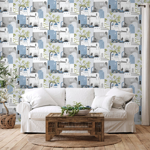 Sanders & Sanders behang mediterrane huisjes blauw, grijs en wit - 53 cm x 10 m - 640081
