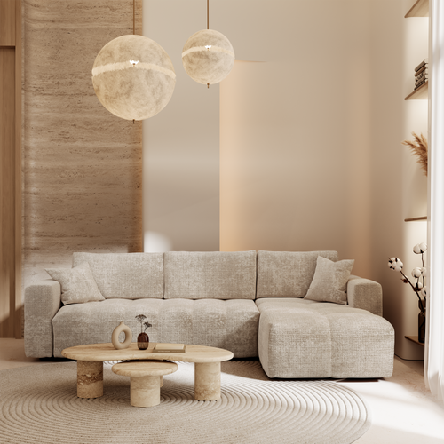 Premium Interiors - Rechthoekige hoekbank met snelle slaapfunctie VIBE - gewaafd fluweel beige 286cm