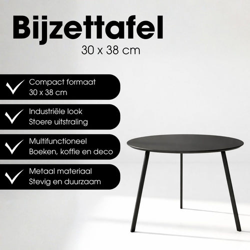 Mica Decorations Seatle Bijzettafel voor Buiten - Salontafel Rond - Plantentafel en Koffietafel - H30 x Ø38 cm - Metaal -  Zwart