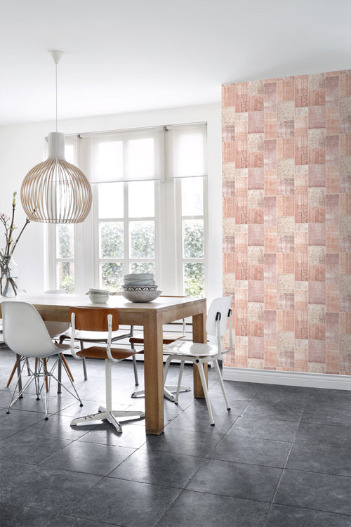 ESTAhome behang Marrakech kelim patchwork tapijt perzik oranje roze - 53 cm x 10.05 m - 148651