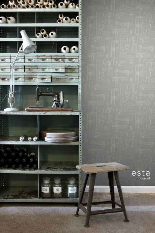 ESTAhome behang constructietekeningen van vliegtuigen taupe - 53 cm x 10.05 m - 128811