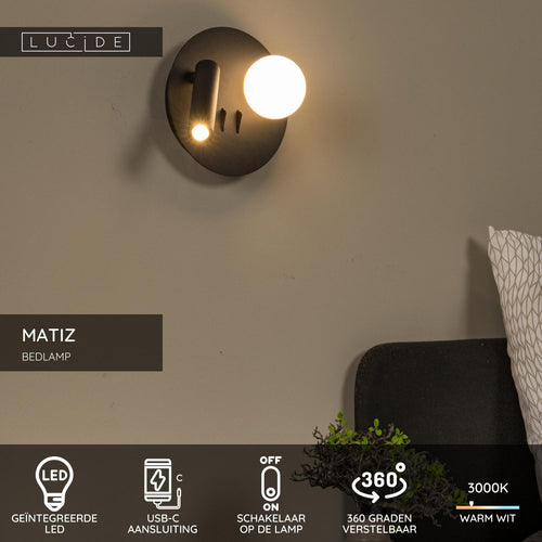 Lucide bedlamp MATIZ - Geïntegreerde LED - Zwart