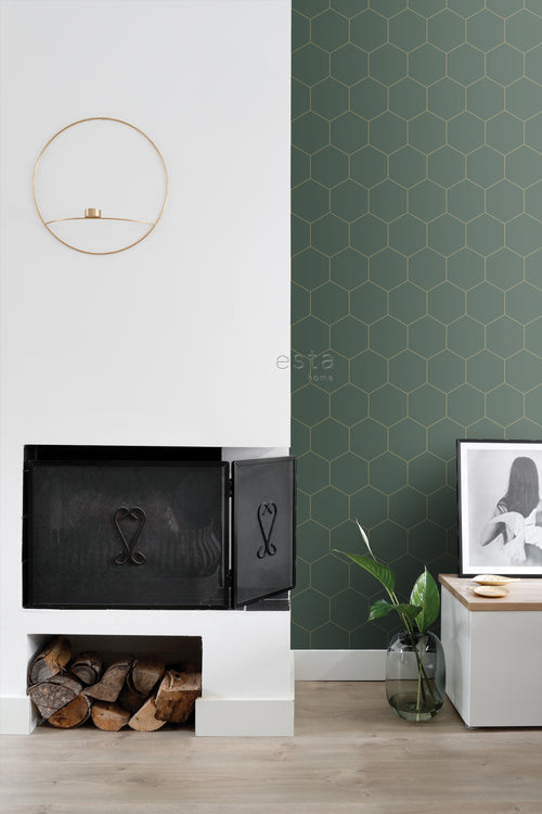 ESTAhome behang hexagon donkergroen en goud - 53 cm x 10.05 m - 139228