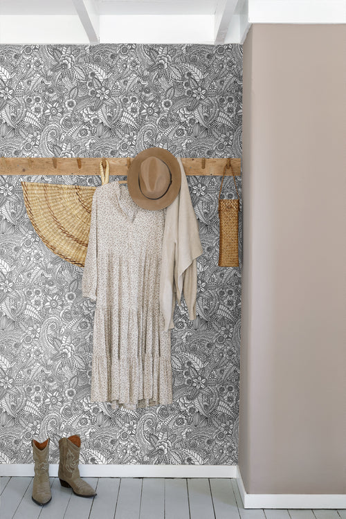 ESTAhome behang bloemtekeningen zwart en wit - 53 cm x 10,05 m - 148616