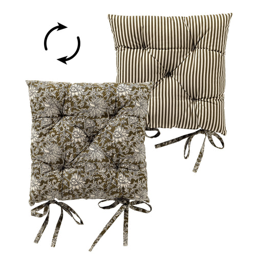 JOELLE - stoelkussen 40x40 cm - bloemenmotief - met striklinten - Green Moss - groen