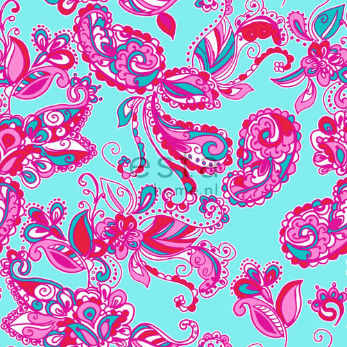 ESTAhome behang funky bloemen en paisleys turquoise en roze - 53 cm x 10.05 m - 136840