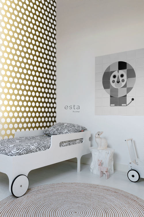ESTAhome behang grote stippen glanzend goud en wit - 53 cm x 10.05 m - 139116
