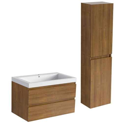 LOMAZOO badmeubelset Avalon - met hoge kast & witte wastafel - warm eiken - 60 cm