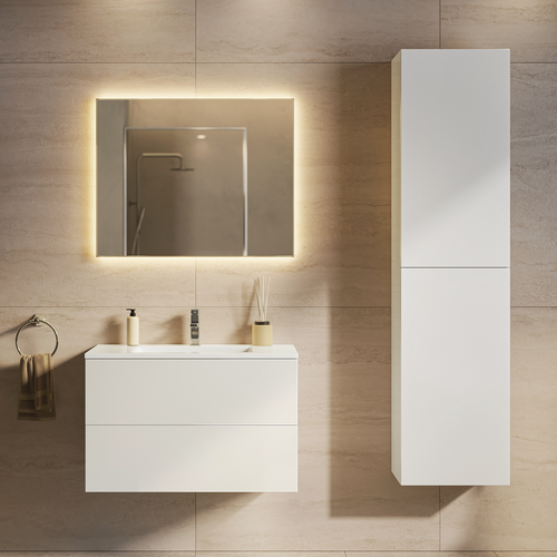 LOMAZOO badmeubelset Nuvano - met hoge kast & witte wastafel - glanzend wit - 80 cm