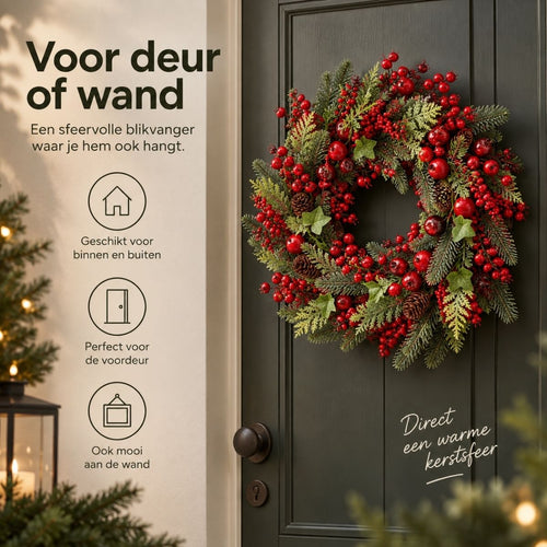 Mica Decorations Norah Kerstkrans met Dennenappels - Kerstversiering met Traditionele Look - Deurkrans voor in de Hal of bij de Voordeur - H13 x Ø50