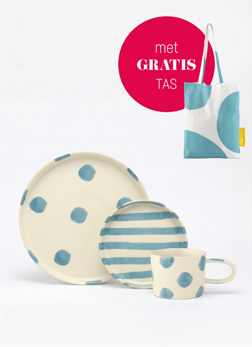 vtwonen - Serviesset - Gebaksbord, Ontbijtbord en Mok - Stippen - Blauw - Keramiek - Set van 3