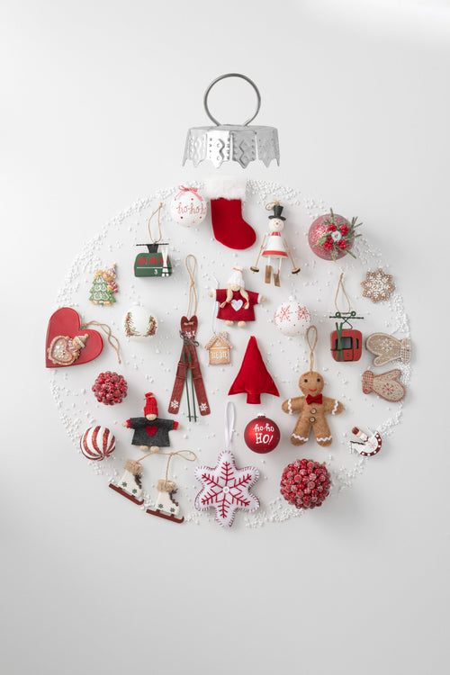 J-Line kerstbal Sneeuwvlokken Glitter - glas - wit/rood - small - doos van 6