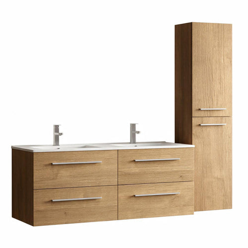 LOMAZOO badmeubelset Navero - met hoge kast & witte wastafel - licht eiken - 120 cm