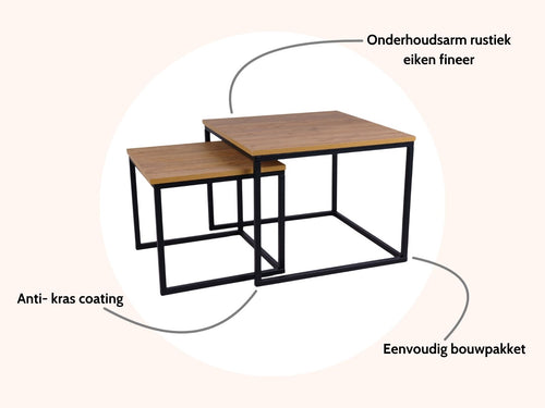 MaximaVida vierkante salontafel set Kiev XL 60 cm - rustiek eikenhout fineer - vtwonen shop