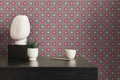 Livingwalls behang grafisch motief lila paars, rood, grijs en beige - 53 cm x 10.05 m - AS-390602