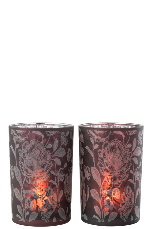 J-Line windlicht Bloemen - glas - paars/zilver - large - 2 stuks
