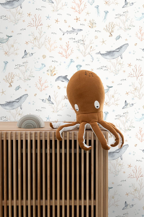 ESTAhome behang onderwaterwereld beige en vergrijsd blauw - 50 x 900 cm - 131261