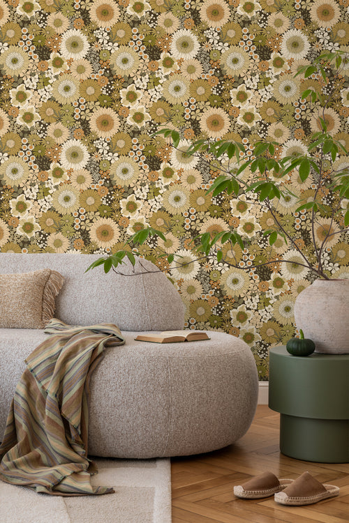 ESTAhome behang retro bloemen olijfgroen en oranje bruin - 50 x 900 cm - 131317 - vtwonen shop