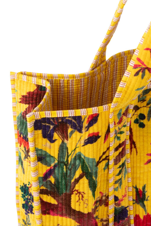 J-Line tas Vogels/Bloemen - katoen/fluweel - geel