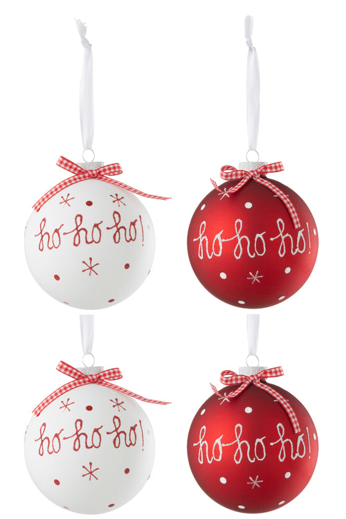 J-Line kerstbal Hoho - glas - rood/wit - large - doos van 4