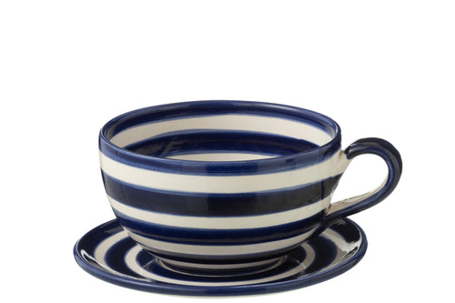 J-Line kopje + schoteltje Granada Stripes - keramiek - wit/blauw