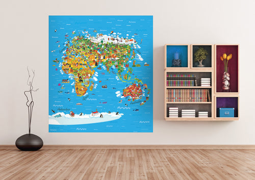 Sanders & Sanders fotobehang wereldkaart voor kinderen blauw, groen en geel - 252 x 182 cm - 600629